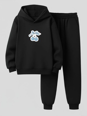 Lorvex Kapüşonlu Çocuk Sweatshirt-Eşofman Takım Mavi Beyaz Kiraz Baskılı