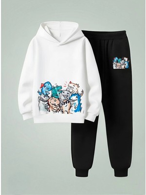 Lorvex Çocuk Sweatshirt-Eşofman Takım Kapüşonlu Tatlı Dinazorlar Baskılı 3 Iplik Şardonlu