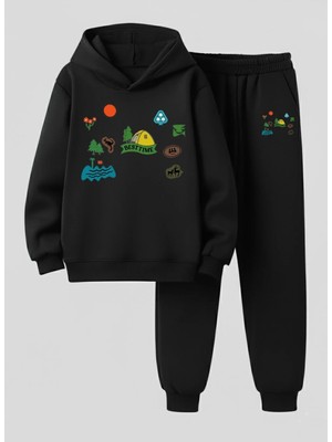 Lorvex Sweatshirt-Eşofman Takım Çocuk Kapüşonlu Best Tıme Kamp Baskılı 3 Iplik Şardonlu