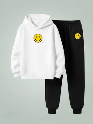 Lorvex Unısex Çocuk Kapüşonlu Takım Gülen Emoji Baskılı 3 Iplik Şardonlu Sweatshirt-Eşofman Takım