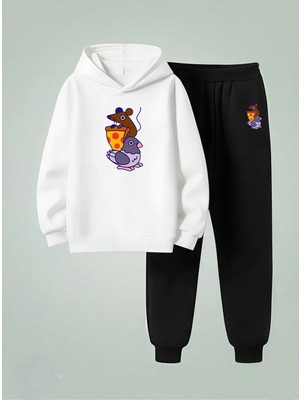 Lorvex Çocuk Kapüşonlu Takım Fare ve Güvercin Baskılı 3 Iplik Şardonlu Sweatshirt-Eşofman Takım