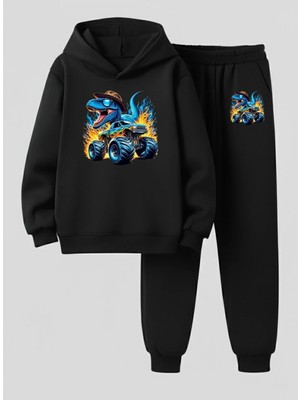 Lorvex Çocuk Erkek Eşofman-Sweatshirt Takım Yarışçı Dinazor Baskılı 3 Iplik Şardonlu