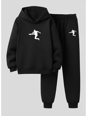 Lorvex Sweatshirt-Eşofman Takım Çocuk Kapüşonlu Takım Uçan Tekme Baskılı 3 Iplik Şardonlu