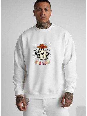 Lorvex Boo Haw Baskı Oversize Pamuklu Oversize Beyaz Sweatshirt