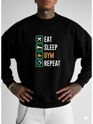 Lorvex Erkek Oversize Bisiklet Yaka Siyah Sporcu Sweatshirt Eat Sleep Baskılı