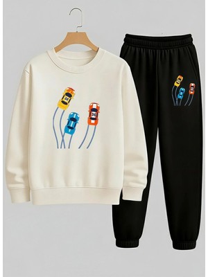 Lorvex Erkek Çocuk Beyaz Sweatshirt-Eşofman Takım Bisiklet Yaka Araba Yarışı Baskılı 3 Iplik Şardonlu