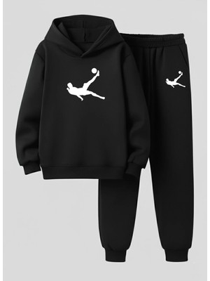 Lorvex Erkek Çocuk Kapüşonlu Takım Havalanan Futbolcu Baskılı 3 Iplik Şardonlu Sweatshirt-Eşofman Takım