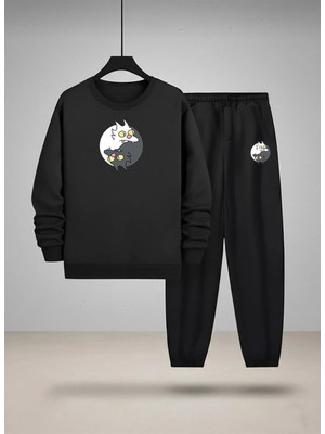 Lorvex Sweatshirt-Eşofman Çocuk Takım Bisiklet Yaka Ying Yang Kedi Baskılı 3 Iplik Şardonlu