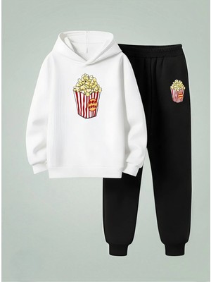 Lorvex Sweatshirt-Eşofman Takım Çocuk Kapüşonlu Takım Çizgili Pop Corn Baskılı 3 Iplik Şardonlu