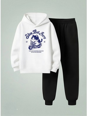 Lorvex Eşofman Takım Çocuk Kapüşonlu Sweatshirt Slow But Sure Baskılı 3 Iplik Şardonlu