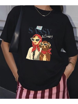 Lorvex Sassy And Classy Baskılı Oversize Kadın Pamuklu Siyah Tshirt-Tişört