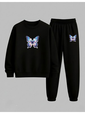 Lorvex Çocuk Bisiklet Yaka Sweatshirt-Eşofman Takım Parlak Kelebek Baskılı 3 Iplik Şardonlu