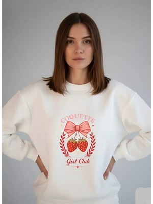 Lorvex Coquette Ön Baskı Oversize Bisiklet Yaka Kadın Beyaz Sweatshirt