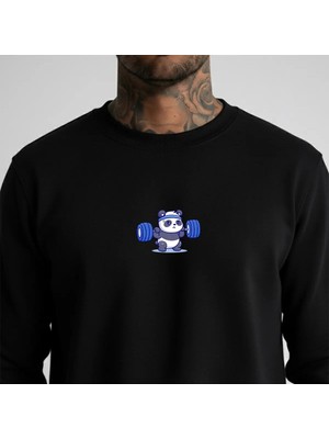 Lorvex Oversize Unısex Bisiklet Yaka Sweatshirt Halter Kaldıran Panda Baskılı