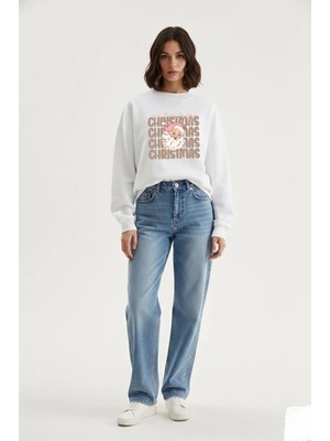 Lorvex Oversize Merry Christmas Noel Baba Baskı Unisex Bisiklet Yaka Sweatshirt