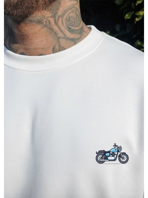 Lorvex Oversize Unisex Bisiklet Yaka Sweatshirt Minimal Mavi Motor Baskı