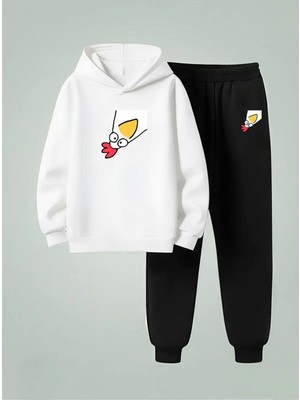 Lorvex Çocuk Kapüşonlu Takım Horoz Baskılı 3 Iplik Şardonlu Sweatshirt-Eşofman Takım