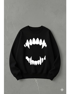 Lorvex Oversize Unisex Pamuklu Bisiklet Yaka Sweatshirt – Vampir Baskı