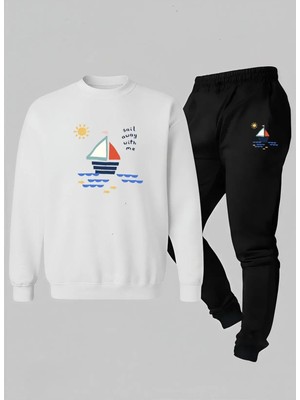 Lorvex Bisiklet Yaka Çocuk Takım (Sweatshirt-Eşofman) Tatlı Gemi Baskılı 3 Iplik Şardonlu