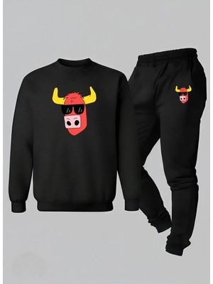 Lorvex Sweatshirt-Eşofman Takım Bisiklet Yaka Çocuk Havalı Boğa Baskılı 3 Iplik Şardonlu