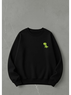 Lorvex Oversize Unisex Bisiklet Yaka Sweatshirt Minimal Dinazor Baskı