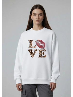 Lorvex Kadın Oversize Bisiklet Yaka Sweatshirt Leopar Love Baskılı