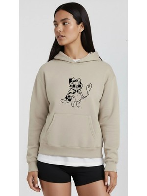 Lorvex Kalpli Kedi Ön Baskılı Oversize Sweatshirt
