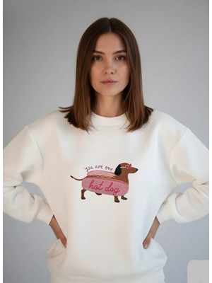Lorvex Hot Dog Baskı Oversize Bisiklet Yaka Beyaz Kadın Sweatshirt