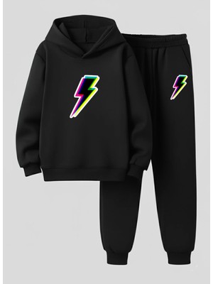 Lorvex Sweatshirt-Eşofman Takım Çocuk (Kapüşonlu) Üç Boyutlu Yıldırım Baskılı 3 Iplik Şardonlu