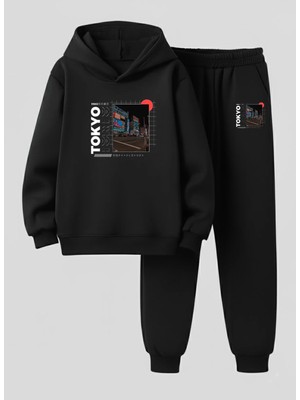 Lorvex Çocuk Kapüşonlu Takım Sweatshirt-Eşofman Tokyo Desen Baskılı 3 Iplik Şardonlu