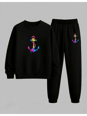 Lorvex Unısex Çocuk Bisiklet Yaka Sweatshirt-Eşofman Takım Renkli Çapa Baskılı 3 Iplik Şardonlu