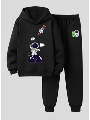 Lorvex Çocuk Kapüşonlu Takım Lucky Astronot Baskılı 3 Iplik Şardonlu Sweatshirt-Eşofman Takım