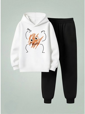 Lorvex Sweatshirt-Eşofman Takım Çocuk Kapüşonlu Takım Turuncu Karalama Baskılı 3 Iplik Şardonlu