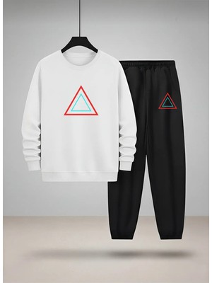 Lorvex Çocuk Takım (Sweatshirt-Eşofman) Unısex Bisiklet Yaka Renkli Üçgen Baskılı 3 Iplik Şardonlu