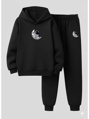 Lorvex Çocuk Kapüşonlu Takım Astronot Ayda Baskılı 3 Iplik Şardonlu Sweatshirt-Eşofman Takım