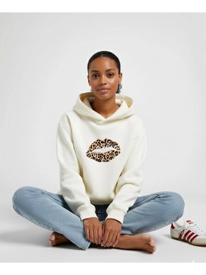Lorvex Leopar Dudak Ön Baskı Oversize Unisex Beyaz Kapüşonlu Sweatshirt