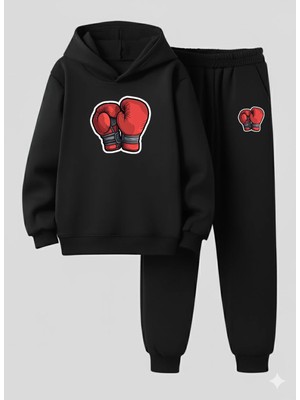 Lorvex Erkek Çocuk Kapüşonlu Takım Boks Baskılı 3 Iplik Şardonlu Sweatshirt ve Eşofman Kalın Kışlık