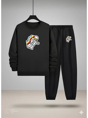 Lorvex Çocuk Bisiklet Yaka Sweatshirt ve Eşofman Takım Renkli Astronot Baskılı 3 Iplik Şardonlu