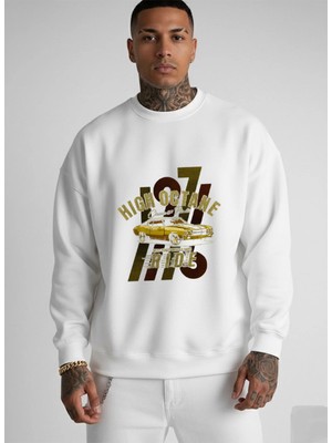 Lorvex Oversize Bisiklet Yaka Beyaz Sweatshirt High Octane Baskı