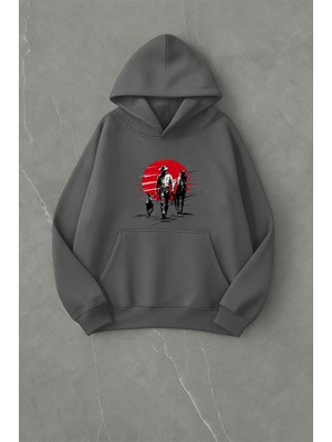 Lorvex Cowboy Köpek At Ön Baskı Oversize Unisex Kapüşonlu Gri Sweatshirt