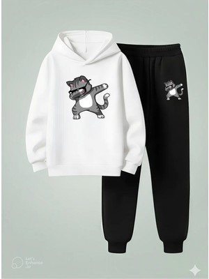 Lorvex Çocuk Kapüşonlu Şakacı Kedi Baskılı 3 Iplik Şardonlu Sweatshirt-Eşofman Takımı