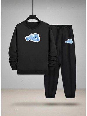 Lorvex Çocuk Sweatshirt-Eşofman Takım Bisiklet Yaka Mavi Ayıcık Baskılı 3 Iplik Şardonlu