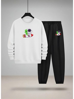 Lorvex Çocuk Bisiklet Yaka Sweatshirt ve Eşofman Takım Uzay Gemisi Yolculuğu Baskılı 3 Iplik Şardonlu