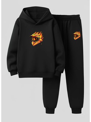 Lorvex Erkek Sweatshirt-Eşofman Takım (Çocuk-Kapüşonlu) Ateşli Kask Baskılı 3 Iplik Şardonlu