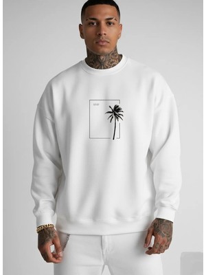 Lorvex Erkek Oversize Bisiklet Yaka Beyaz Sweatshirt Palmiye Desen Baskılı