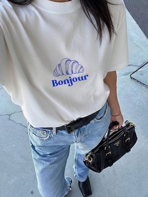 Lorvex Bonjour Kruvasan Baskılı Oversize Kadın Pamuklu Tshirt-Tişört