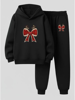 Lorvex Kapüşonlu Çocuk Sweatshirt-Eşofman Takım Kırmızı Parıltılı Kurdele Baskılı