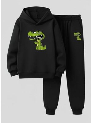 Lorvex Çocuk Kapüşonlu Takım Selam Veren Timsah Baskılı 3 Iplik Şardonlu Sweatshirt-Eşofman Takım