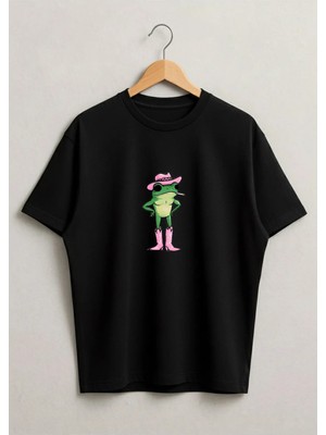 Lorvex Çizmeli Kurbağa Baskılı Oversize Pamuklu Unisex Tshirt-Tişört