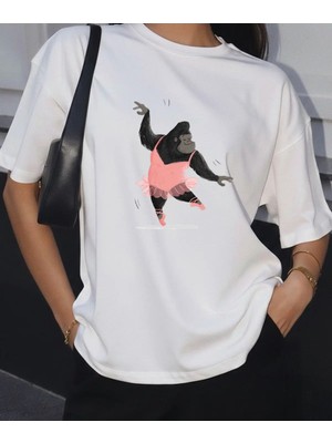 Lorvex Balerin Maymun Baskılı Oversize Pamuklu Unisex Tshirt-Tişört